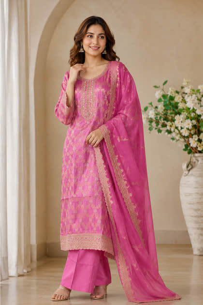 Mauve Woven And Embroidered Silk Suit