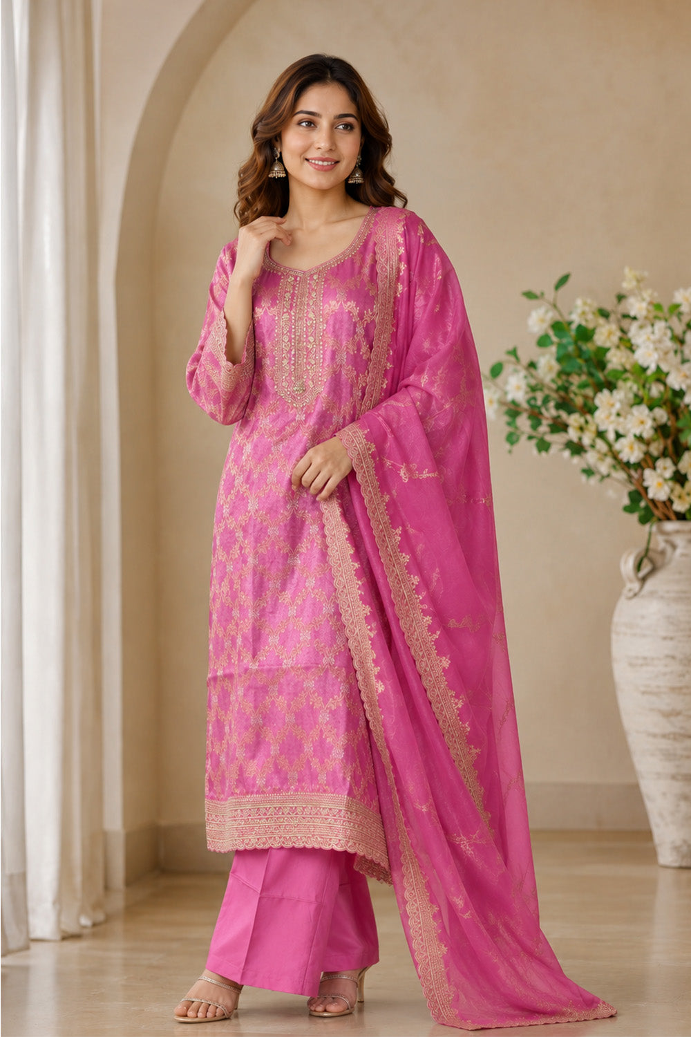 Mauve Woven And Embroidered Silk Suit