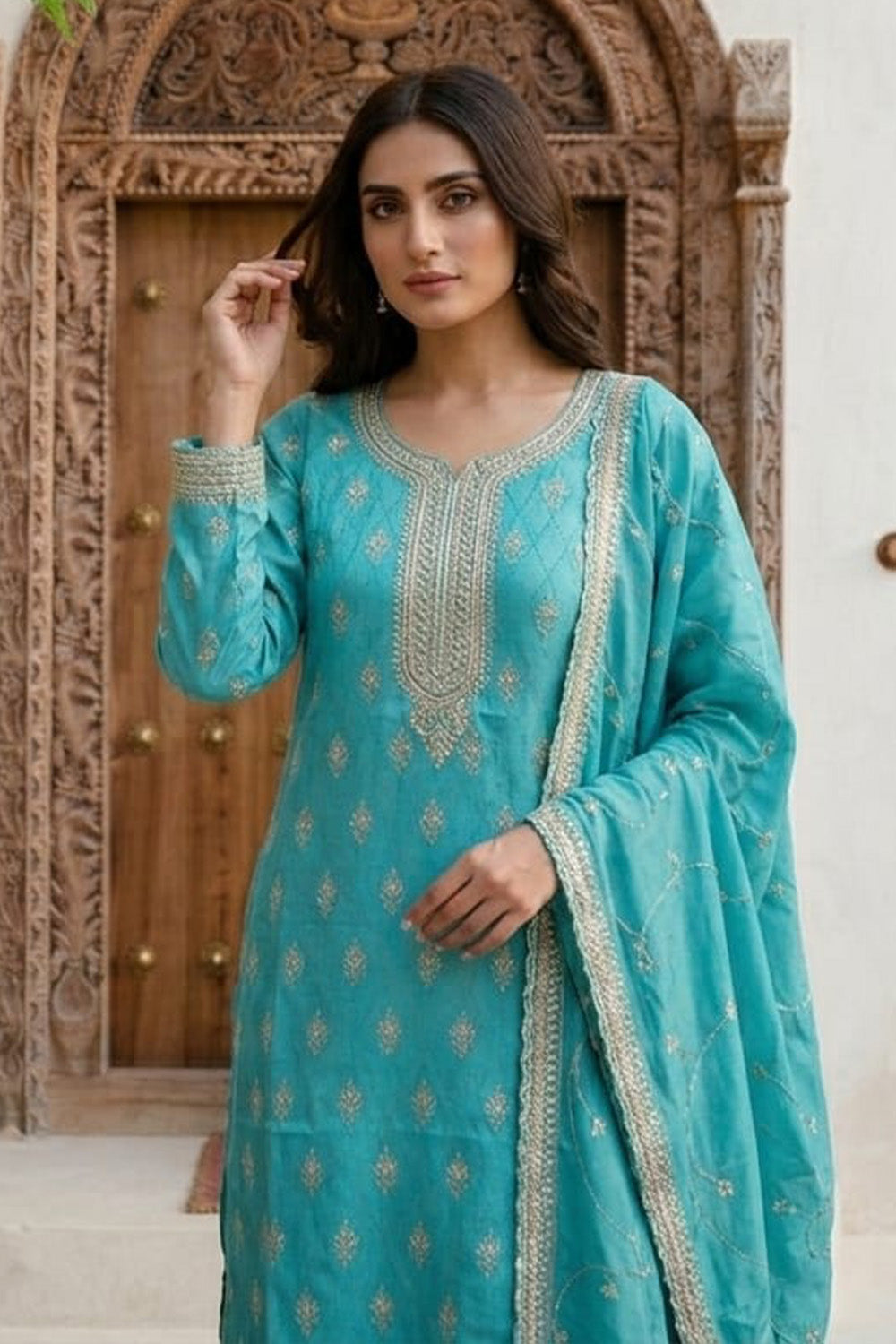 Dusty Teal Woven And Embroidered Silk Suit