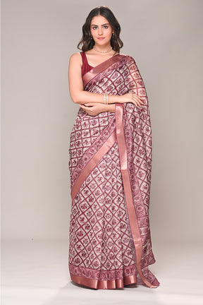 Cream & Rust Color Cotton Silk Printed Saree