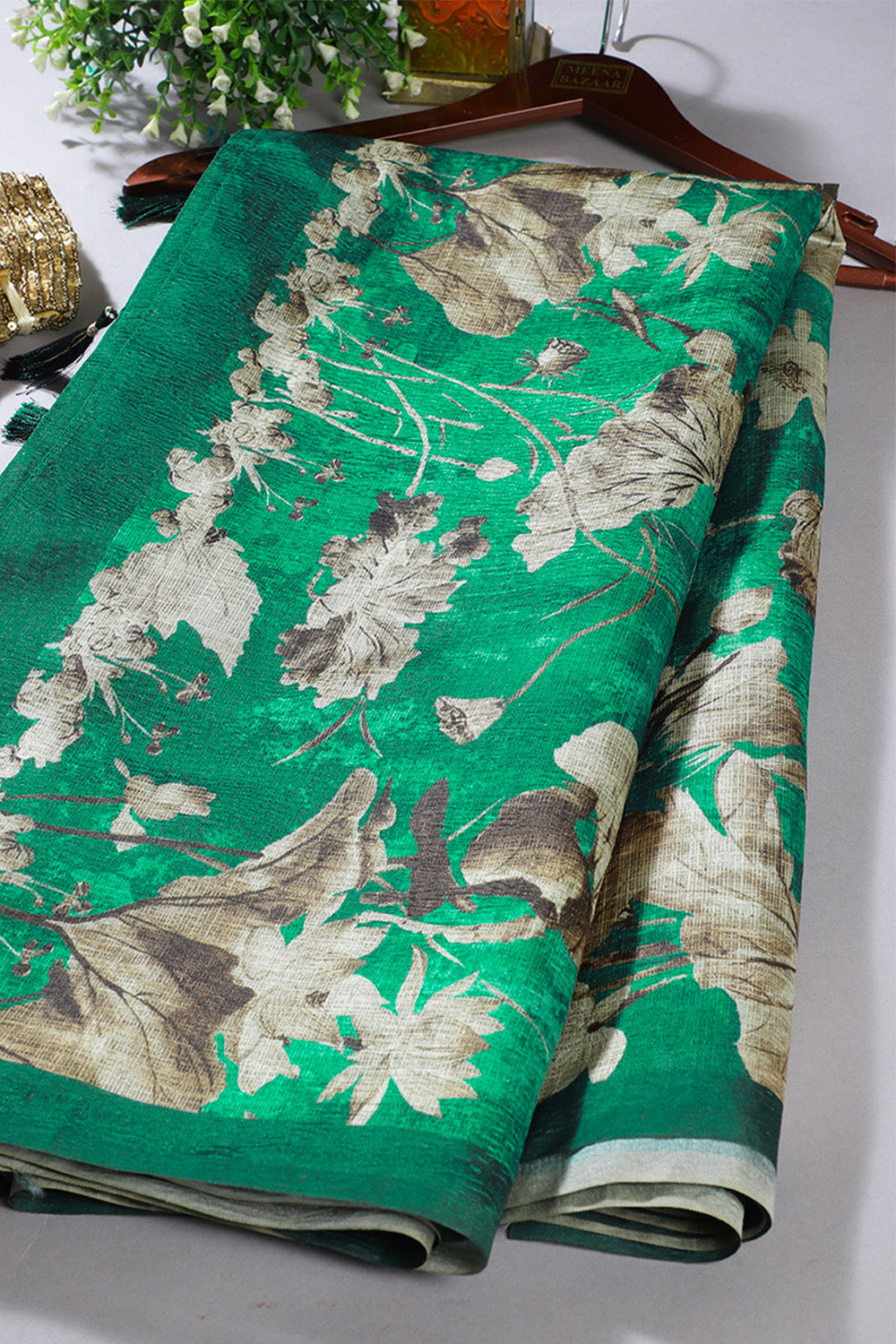 Teal Green Tussar Silk Floral Printed Saree