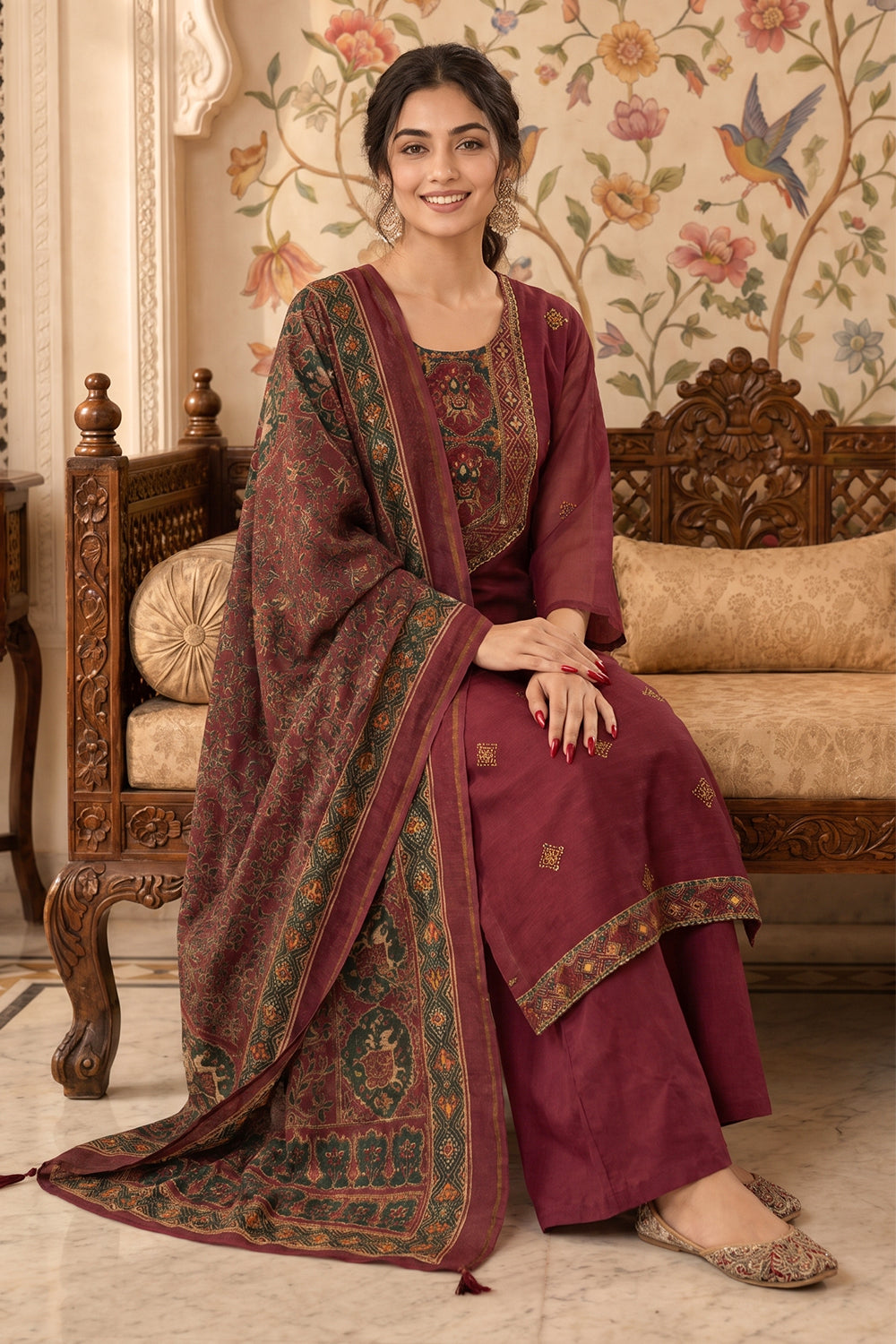 Light Maroon Chanderi Silk Printed Suit