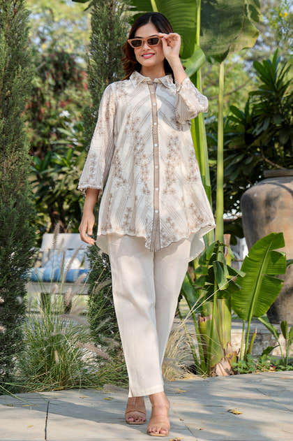 Cream Cotton Resham Embroidered Co-ord Set