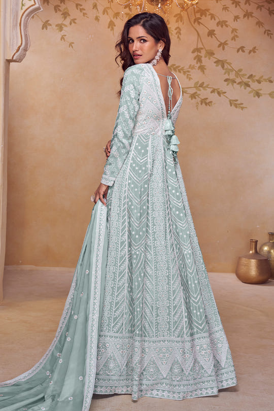 Sea Green Crepe Silk Resham Embroidered Anarkali Suit