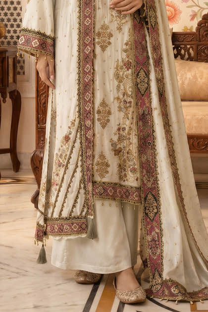Cream Crepe Silk Printed And Handwork Suit