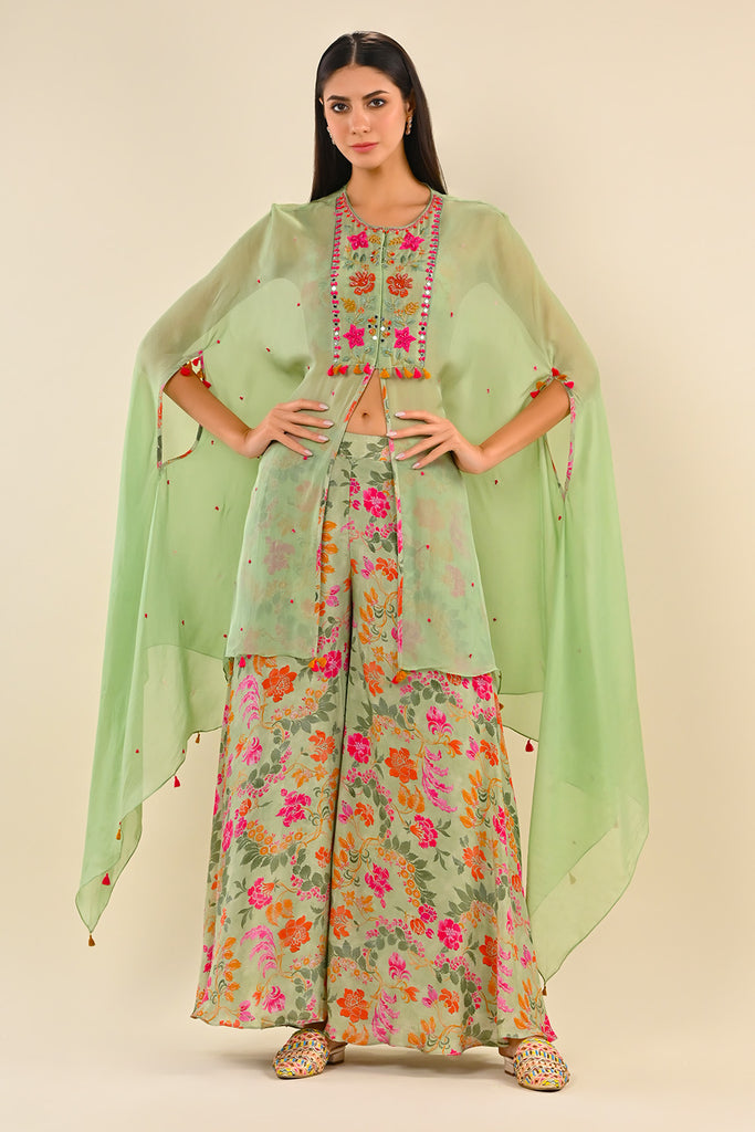 Pista Green Color Mulberry Cotton Printed Crop-Top and Gharara Set With Shrugs