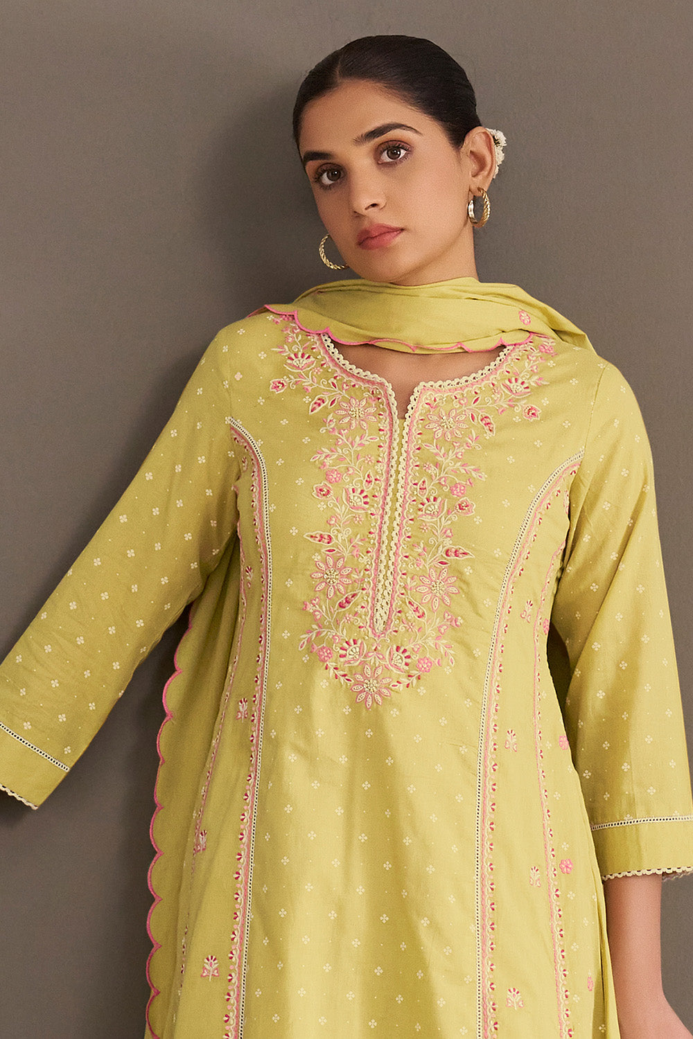 Olive Green Cotton Printed And Embroidered Suit