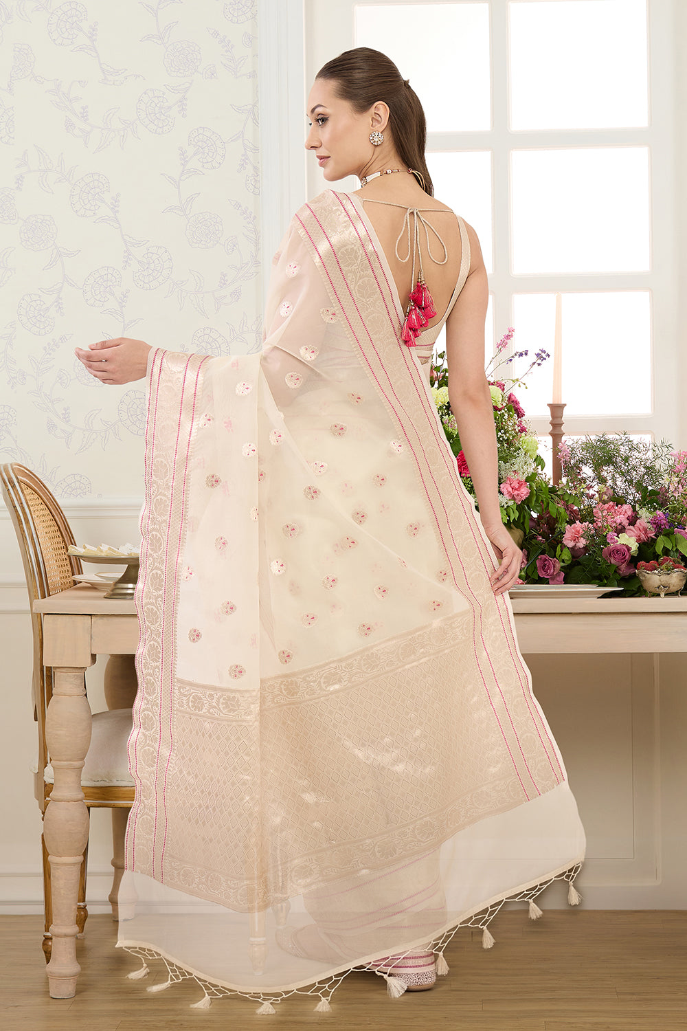 Cream Zari & Resham Woven Tissue Silk Saree