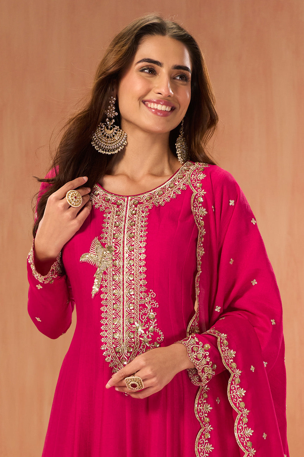 Rani Pink Crepe Silk Zari and Sequins Embroidered Anarkali Suit