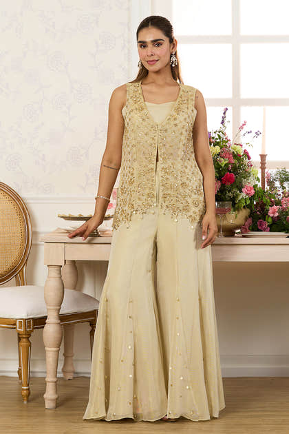 Beige Shimmer Fabric Embroidered Jacket, Crop Top & Palazzo Co-ord Set