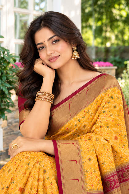 Mustard Silk Ikkat Woven Border Saree