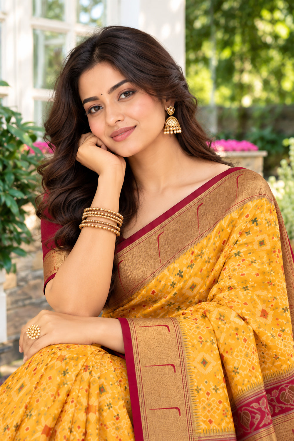 Mustard Silk Ikkat Woven Border Saree