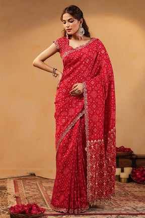 Red Color Ikat Patola Modal Silk Saree with Gota Patti Border