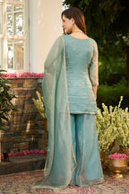 Turquoise Metallic Tissue Embroidered Suit With Palazzo