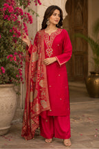 Rani Silk Embroidered Straight Suit With Banarsi Dupatta