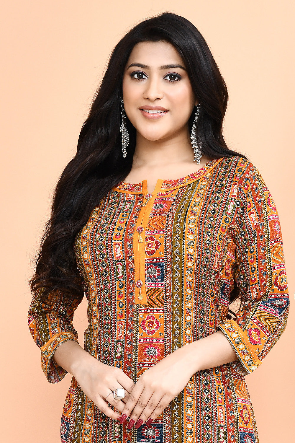 Mustard Color Muslin Ajrakh printed Kurti