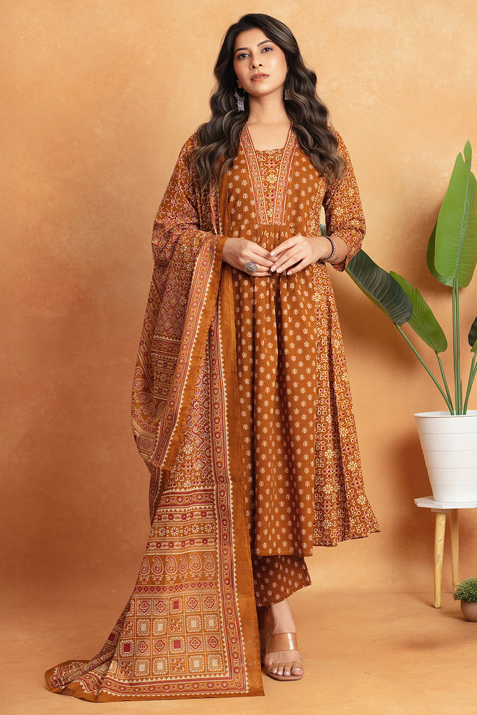 Mustard Ajrakh Printed Cotton Anarkali Suit