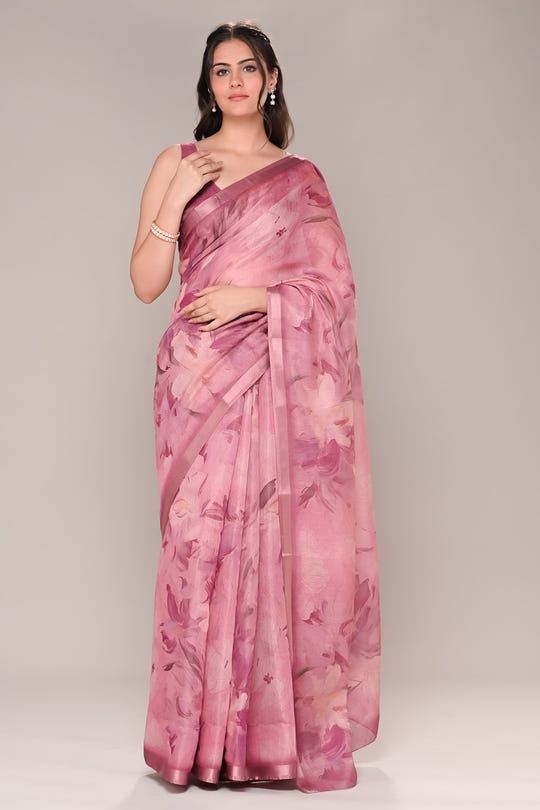 Mauve Color Organza Cotton Printed Saree