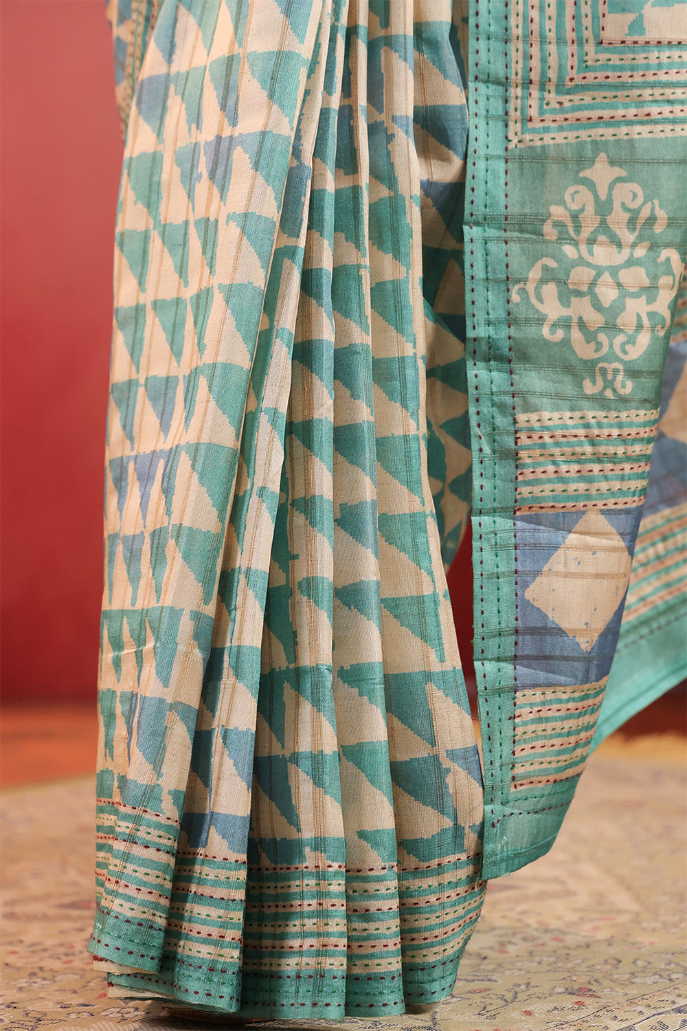 Turquoise And Beige Tussar Silk Printed Saree