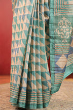 Turquoise And Beige Tussar Silk Printed Saree