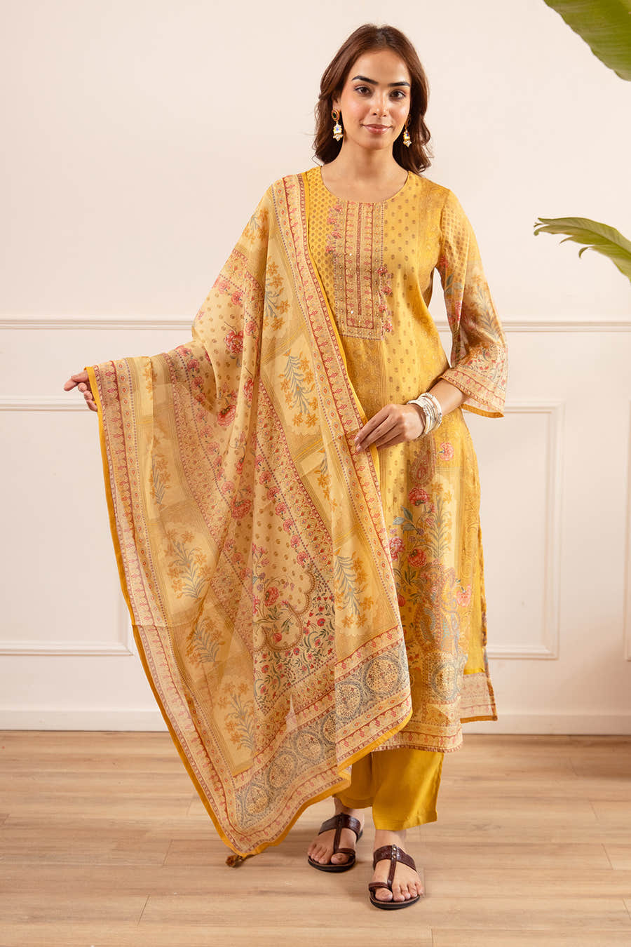 Mustard Chanderi Silk Printed Straight Suit