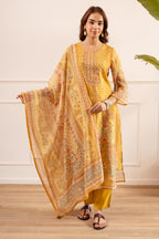 Mustard Chanderi Silk Printed Straight Suit