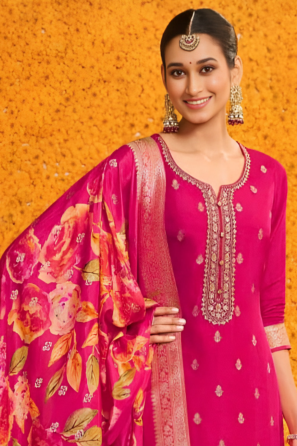 Fuchsia Pink Color Chanderi Silk Embroidered Suit