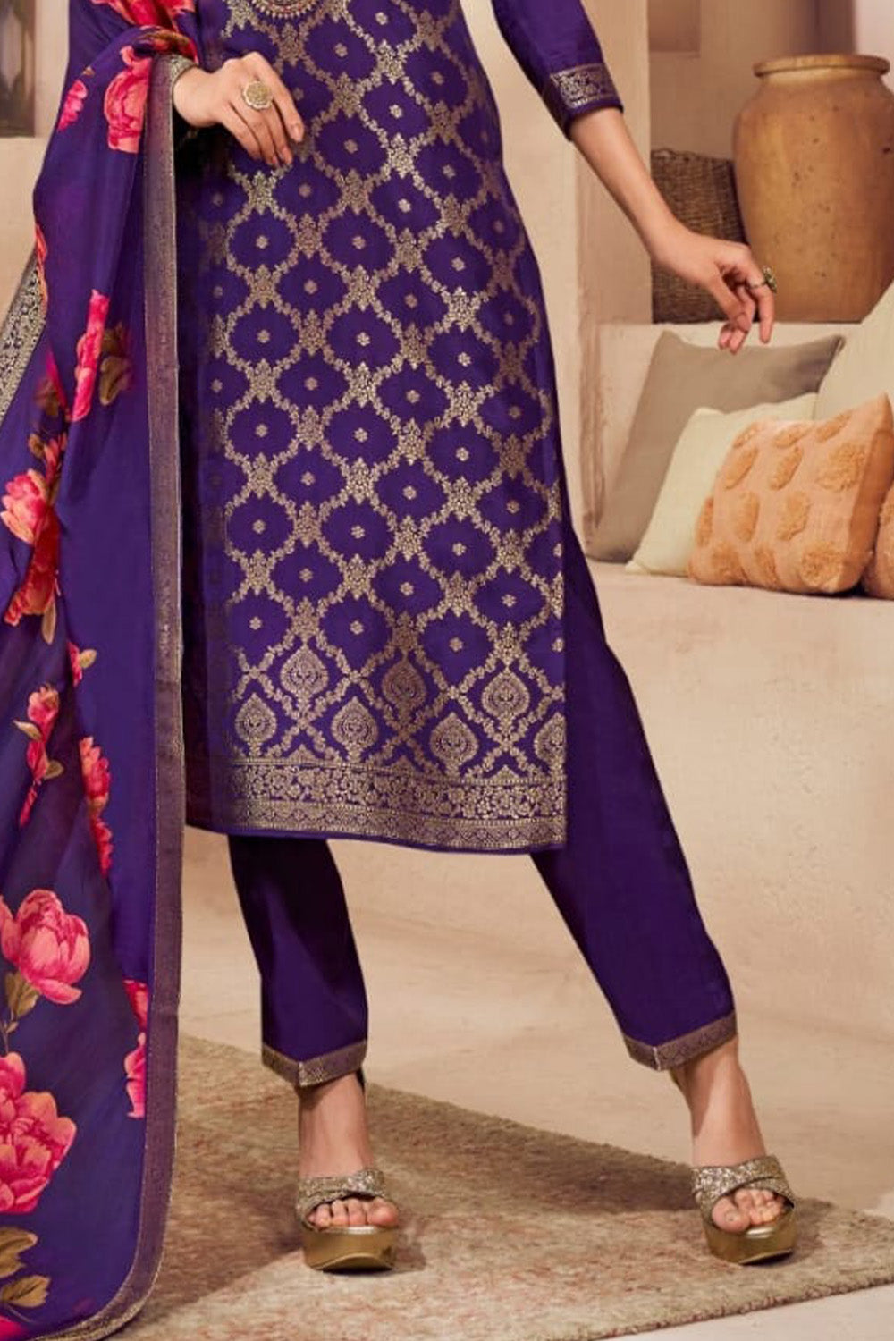 Deep Violet Zari Woven & Embroidered Silk Suit