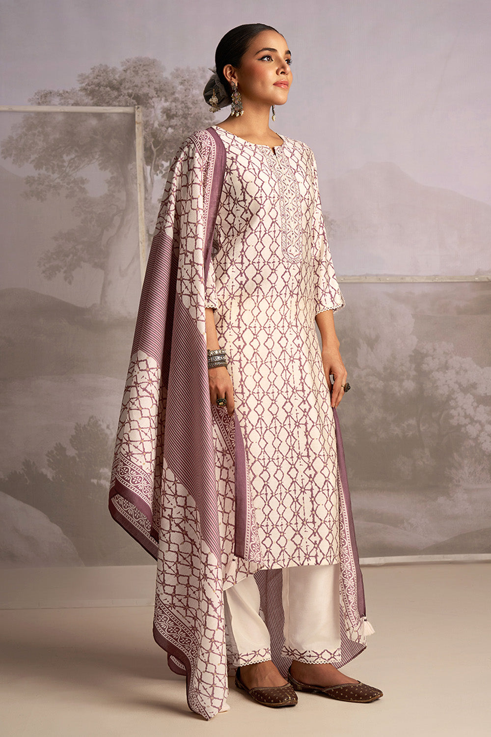 Cream & Rust Color Muslin Printed Suit