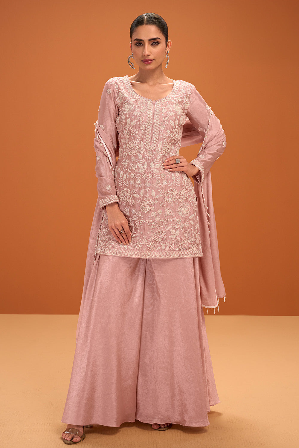 Baby Pink Crepe Silk Cut-Dana and Resham Embroidered Suit with Palazzo