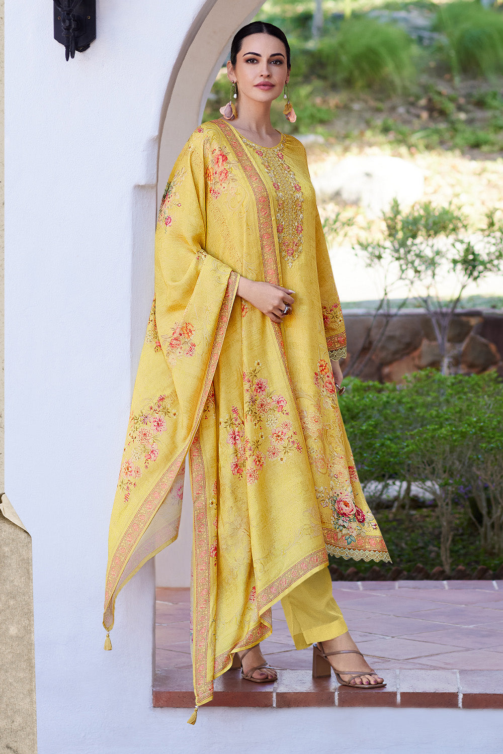 Pale Yellow Color Muslin Neck Embroidered & Floral Printed Suit