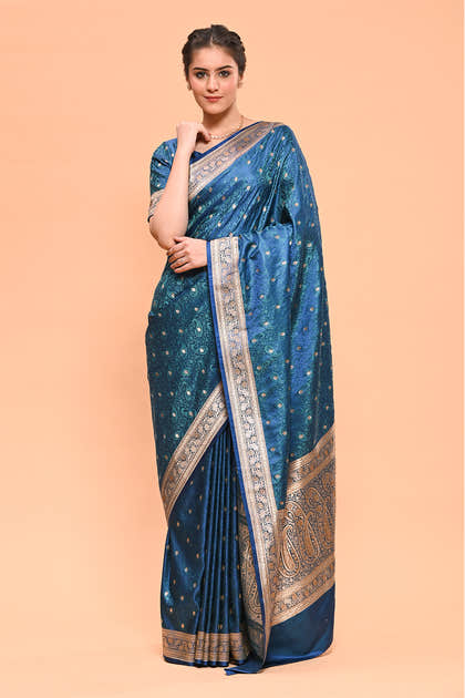 Navy & Green Color Banarasi Silk Woven Saree