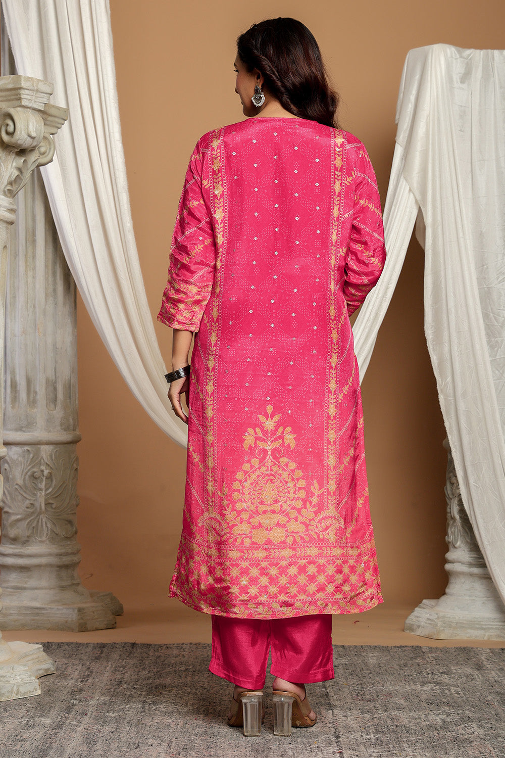 Magenta Pink Chanderi Silk Printed Straight Suit