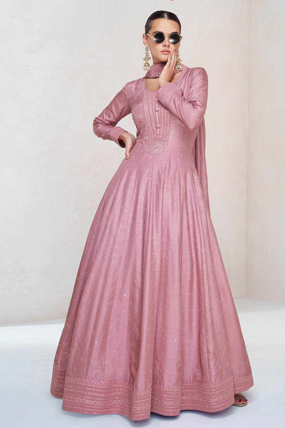 Dusty Pink Color Silk Embroidered Anarkali Kurti