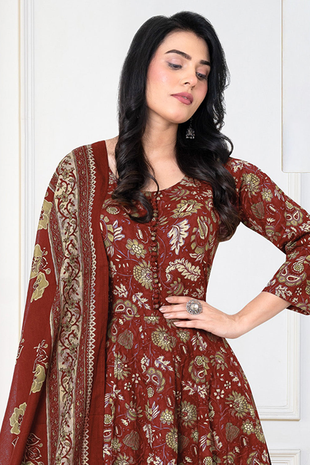 Maroon Cotton Floral Printed Anarkali Suit Set