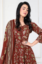 Maroon Cotton Floral Printed Anarkali Suit Set