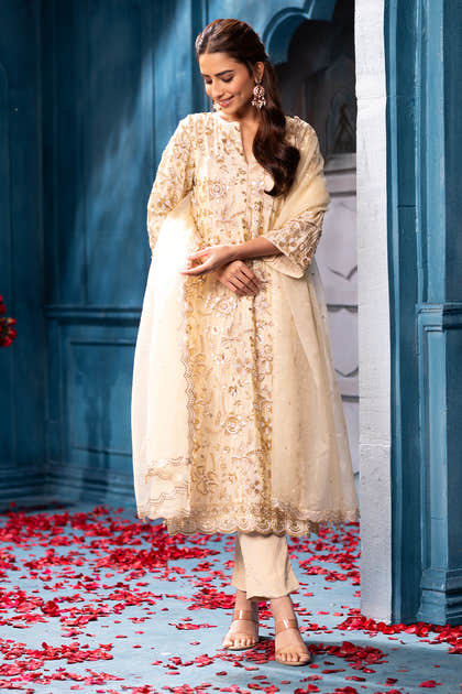 Cream Metallic Tissue Cut-dana And Sequins Embroidered Suits