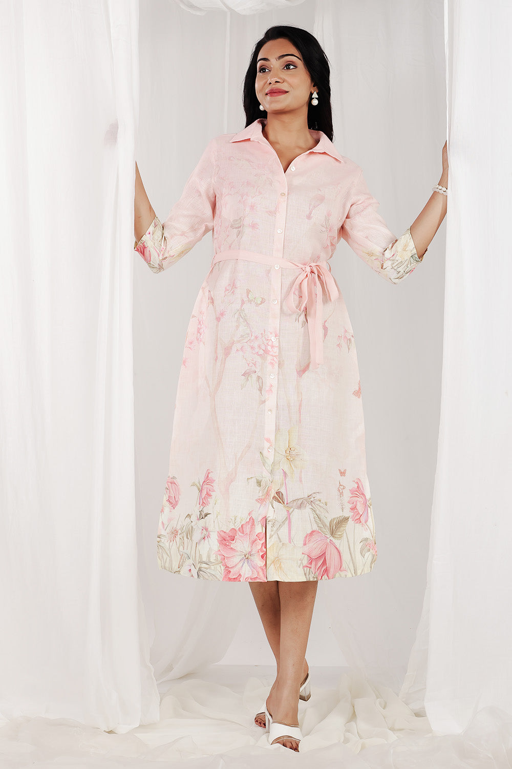 Light Peach Color Cotton Floral Printed Peonies Dress