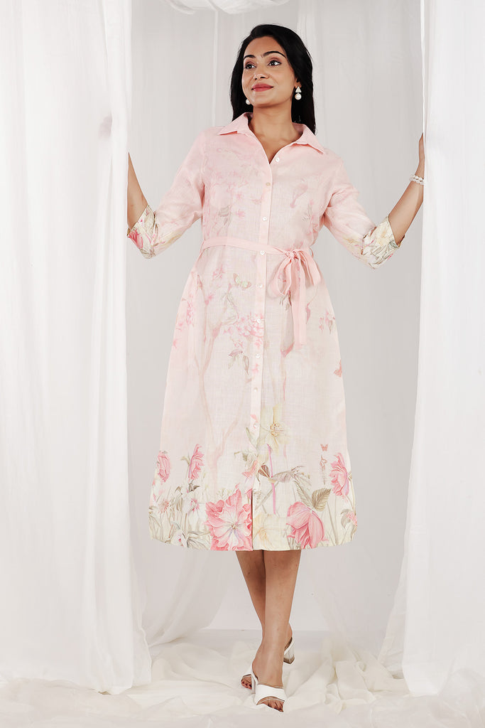 Light Peach Color Cotton Floral Printed Peonies Dress