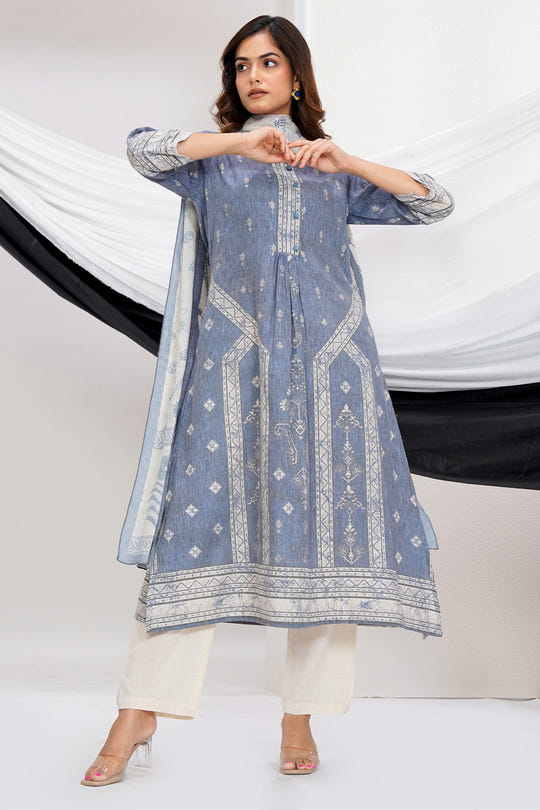 Grey Cotton Printed Suit Set