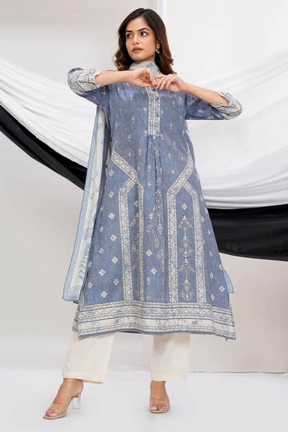 Grey Cotton Printed Suit Set