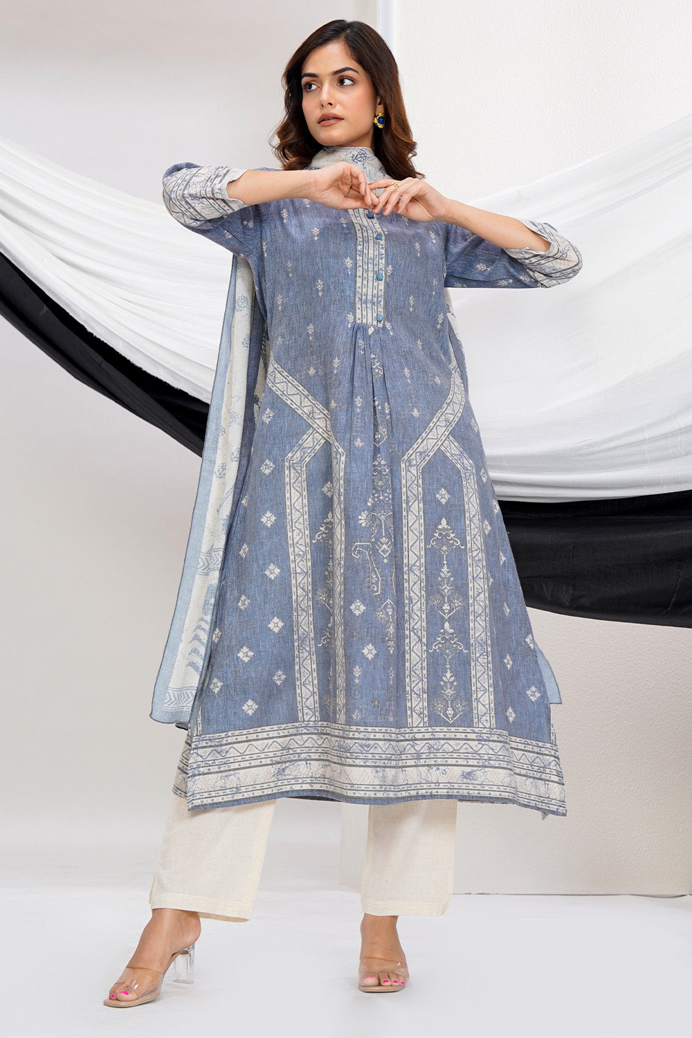 Grey Cotton Printed Suit Set