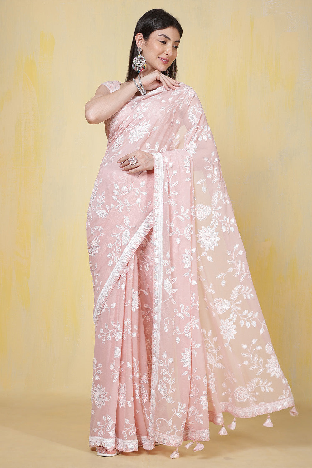 Dusty Pink Georgette Sequins Embroidered Saree