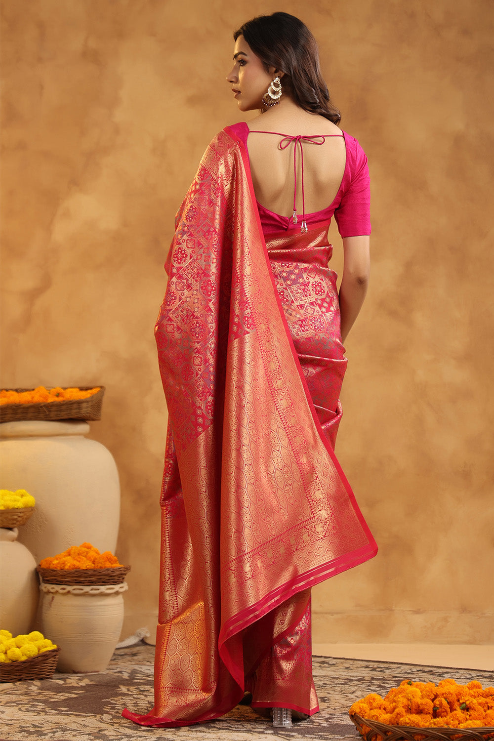 Fuchsia Color Zari Woven Saree
