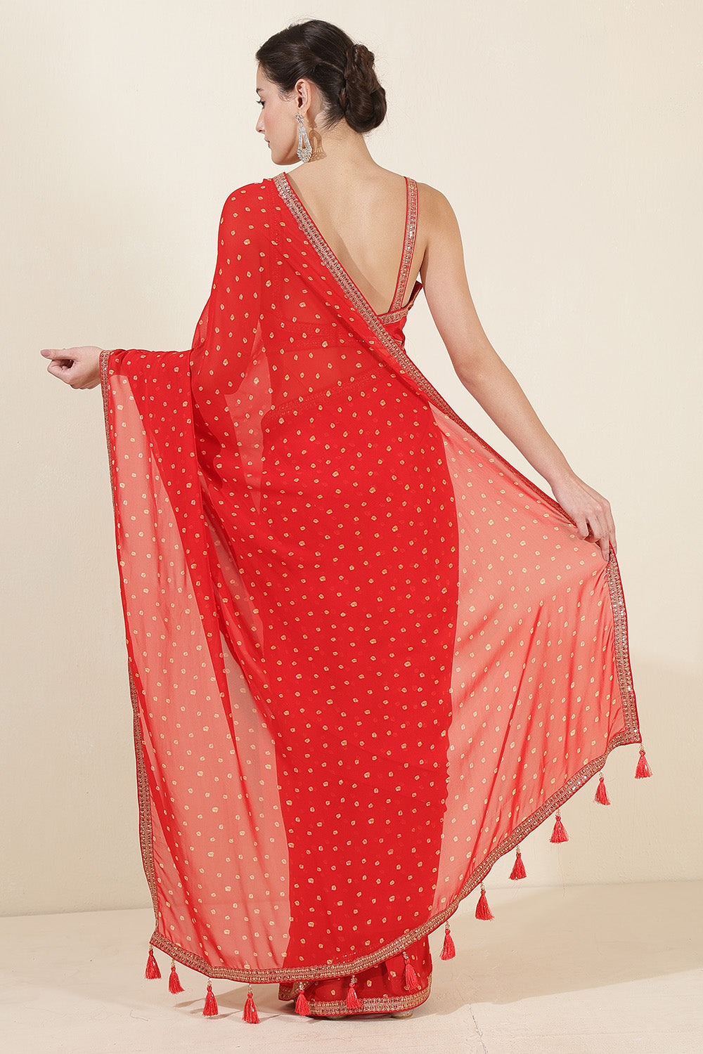Red Color Georgette Bandhani Printed and Embroidered Saree With Readymade Blouse