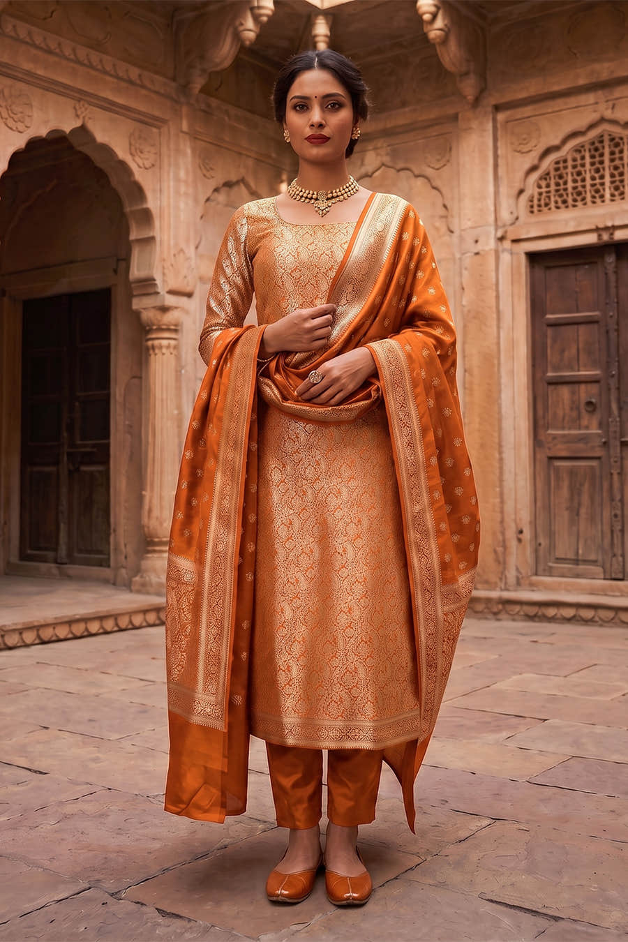 Mustard Banarsi Silk Woven Unstitched Suit Material