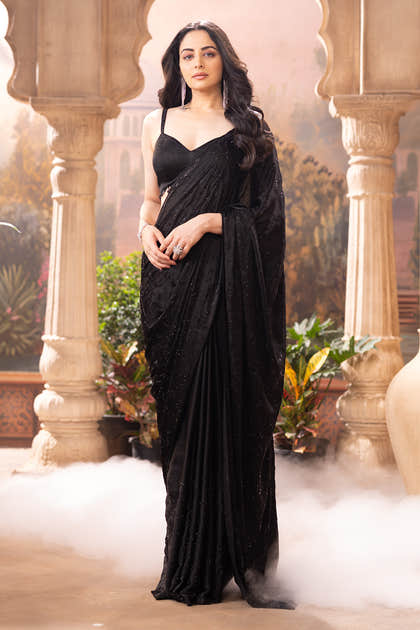 Black Satin Silk Swaroski Work Saree