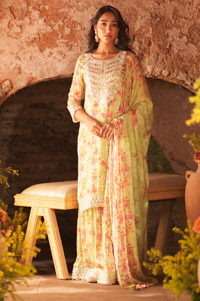 Parrot Green Color Crepe Silk Embroidered &amp; Floral Printed Suit with Gharara