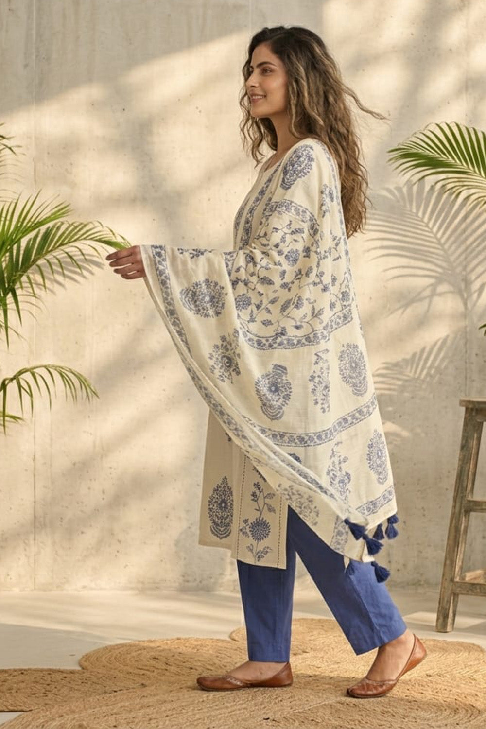 Cream Cotton Hand-Block Printed Suit