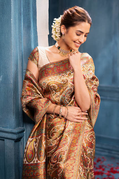 Beige Position Print Woven Silk Saree
